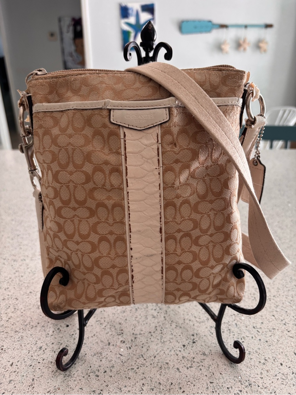 Coach Beige Signature Jacquard Crossbody with Leather Trim